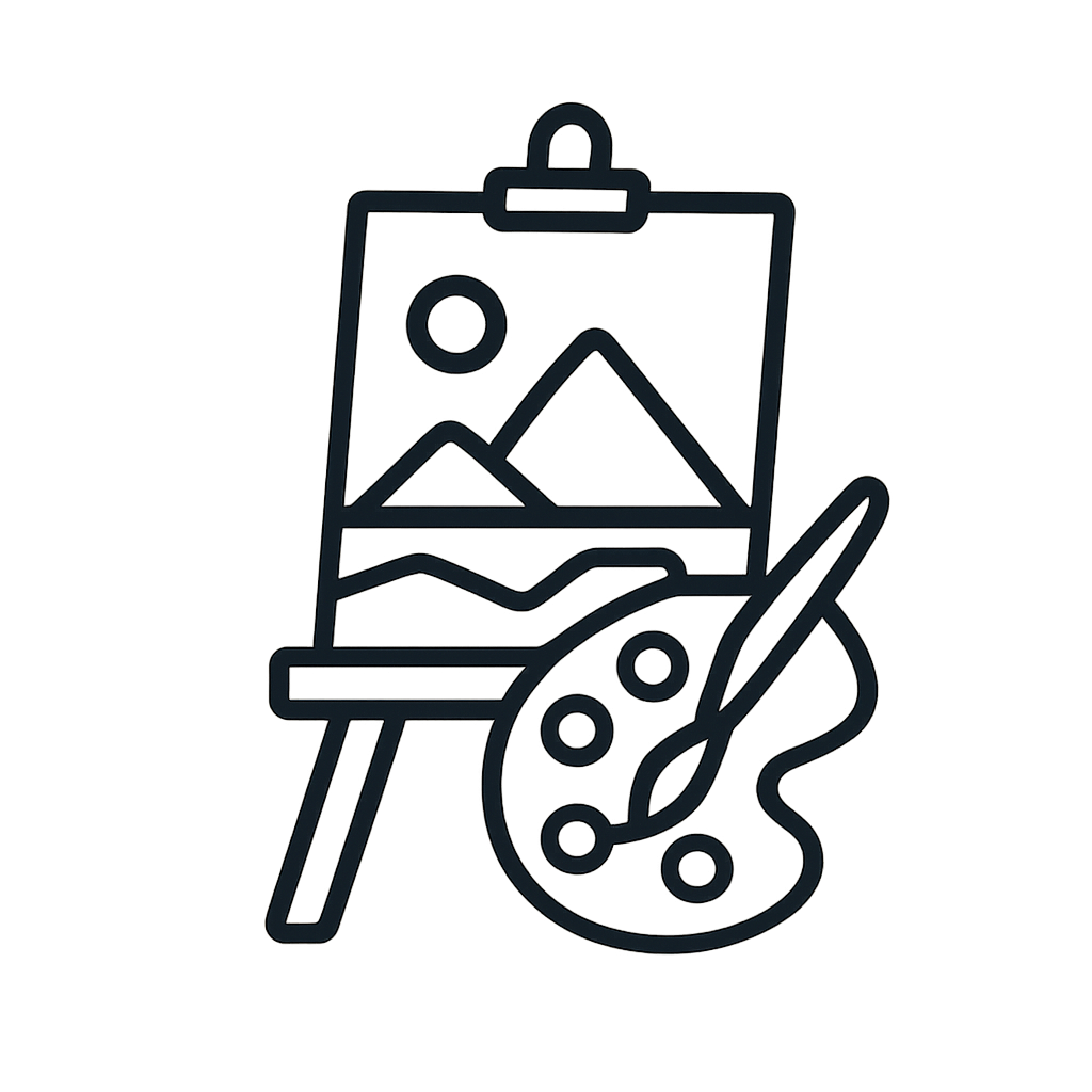 The painting on a tablecloth with a mountain drawn in it. there is a paint palette and a paintbrush to the right of the pa...